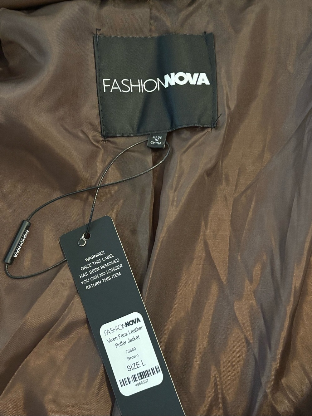 Fashion Nova Faux Leather Cropped Puffer Jacket Chocolate Brown - Picture 6 of 6